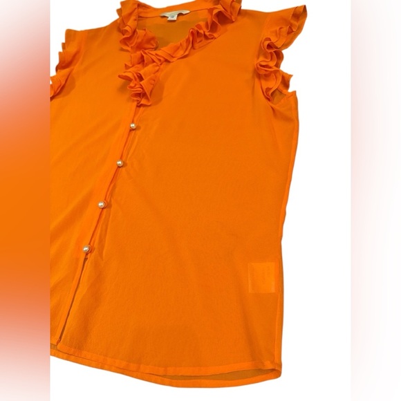 St. John Couture Orange Ruffle Silk Pearl Button-Up Blouse Size 10 - Picture 3 of 10